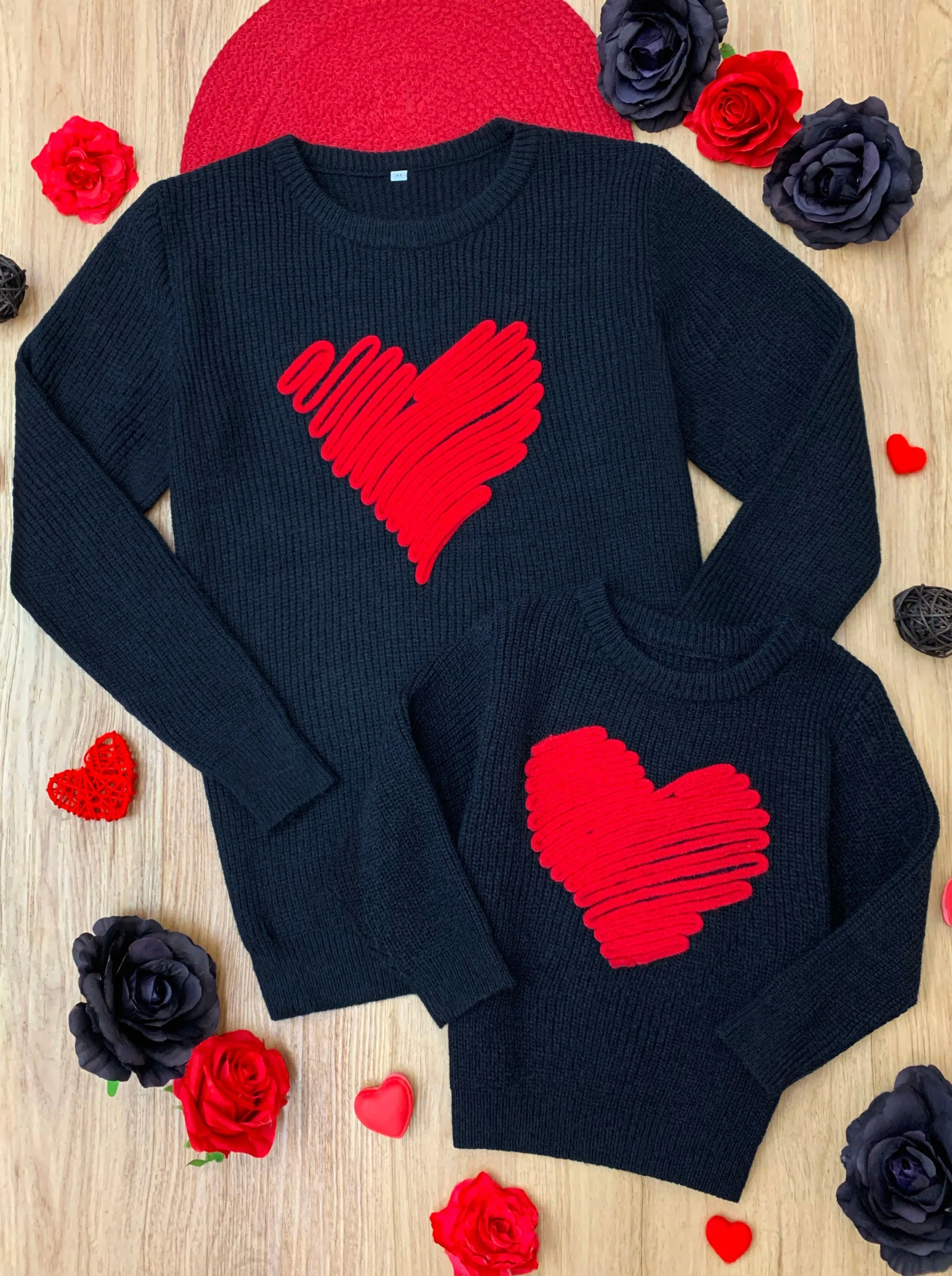 Mommy and Me Love Note Embroidered Red Heart Sweater