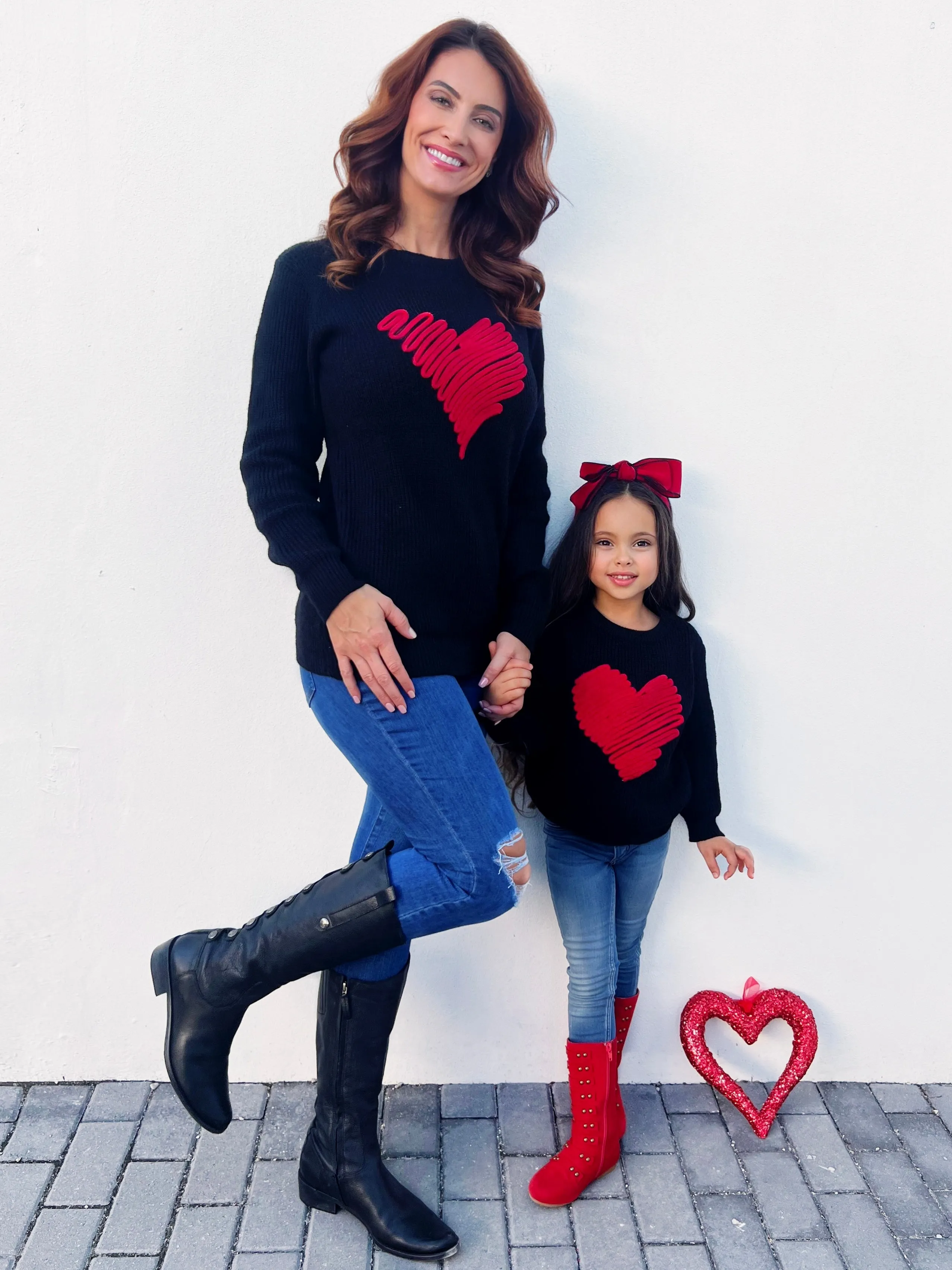 Mommy and Me Love Note Embroidered Red Heart Sweater
