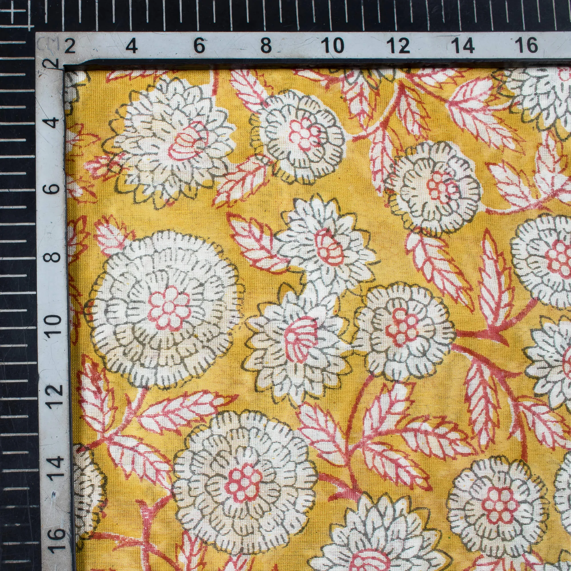 Mustard Yellow And Grey Floral Pattern Handblock Pure Banarasi Chanderi Fabric