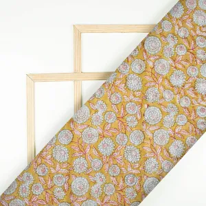 Mustard Yellow And Grey Floral Pattern Handblock Pure Banarasi Chanderi Fabric