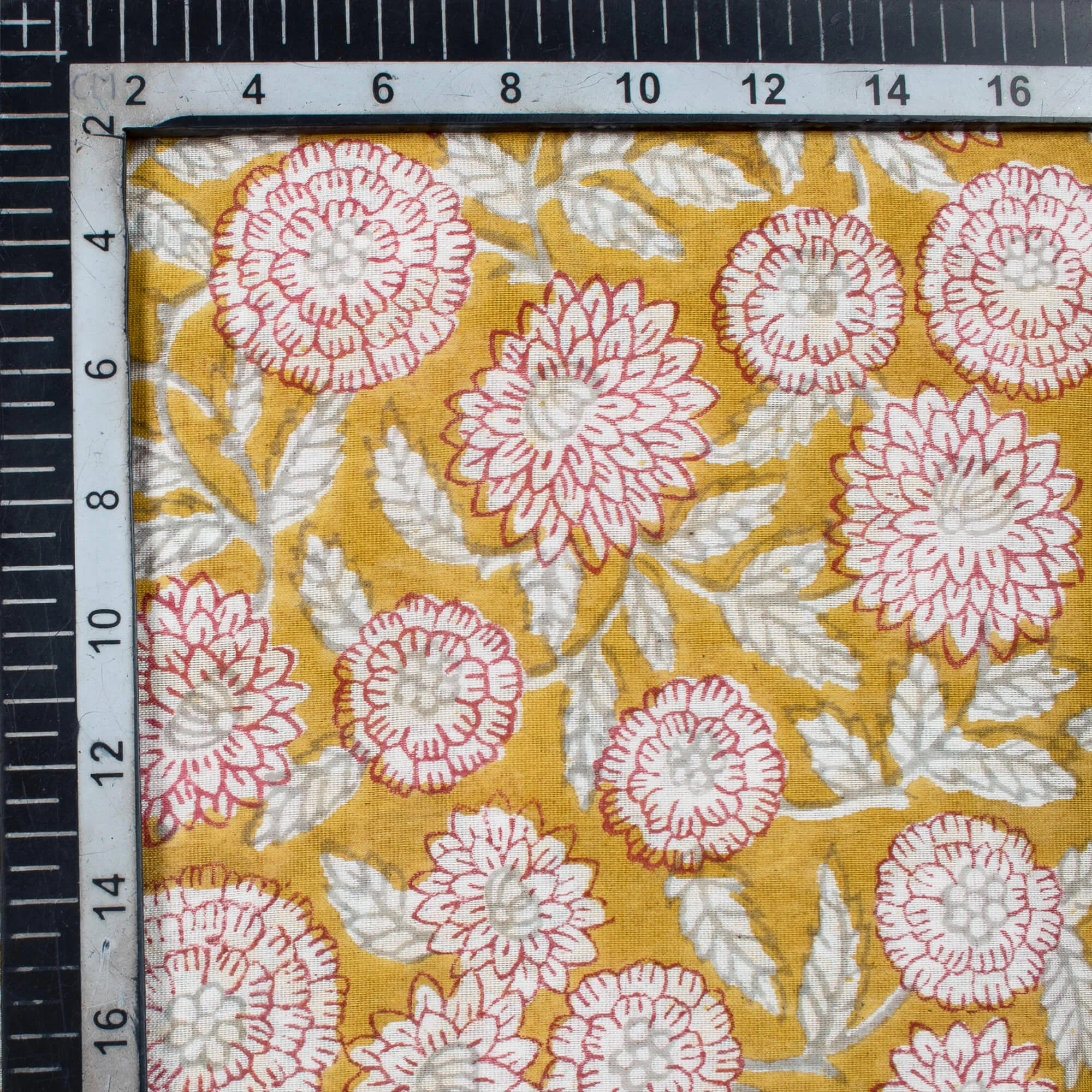 Mustard Yellow And Maroon Floral Pattern Handblock Pure Banarasi Chanderi Fabric