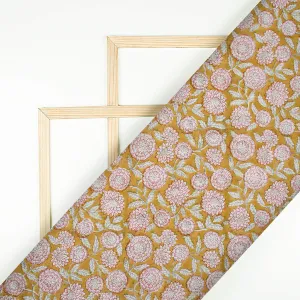 Mustard Yellow And Maroon Floral Pattern Handblock Pure Banarasi Chanderi Fabric