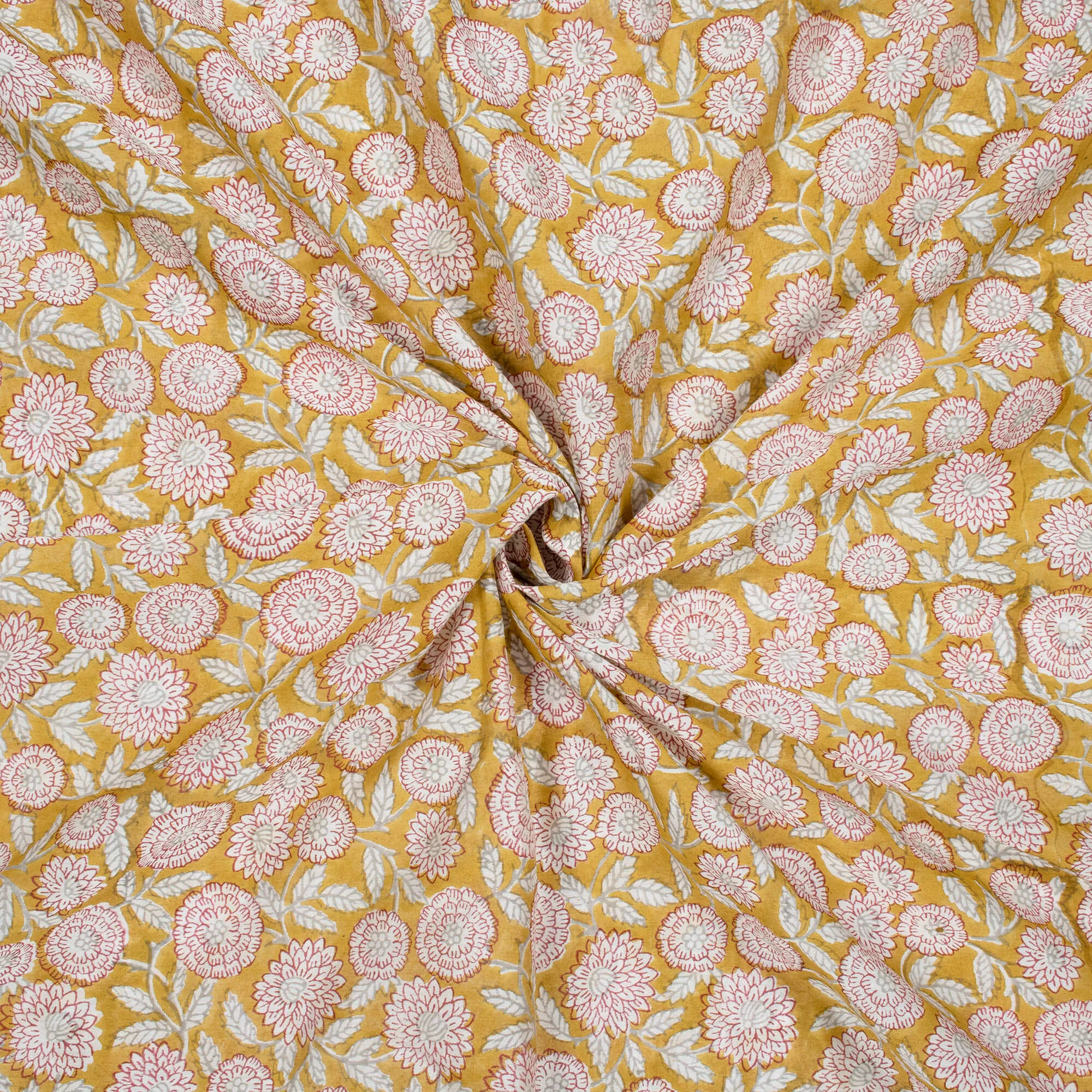 Mustard Yellow And Maroon Floral Pattern Handblock Pure Banarasi Chanderi Fabric