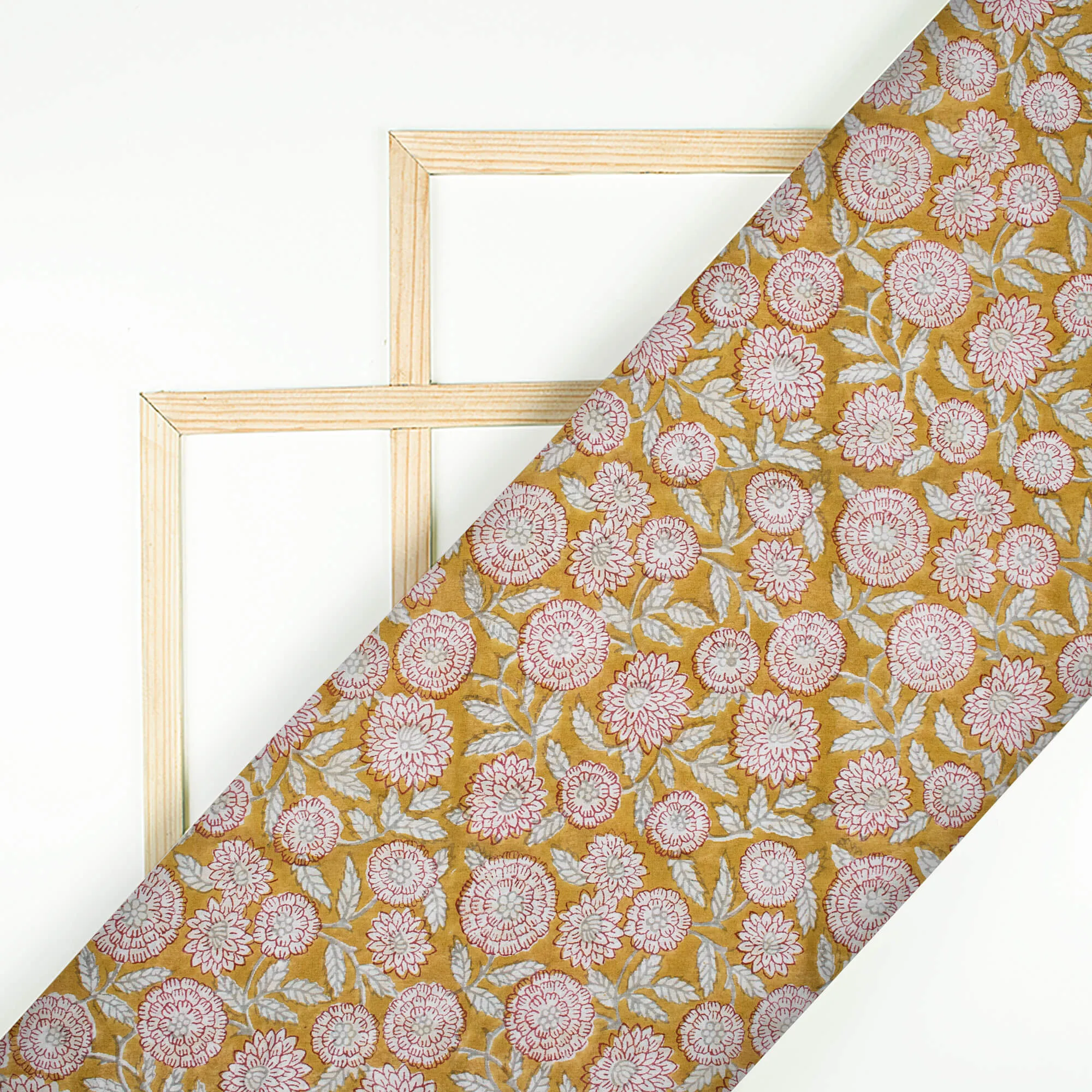 Mustard Yellow And Maroon Floral Pattern Handblock Pure Banarasi Chanderi Fabric
