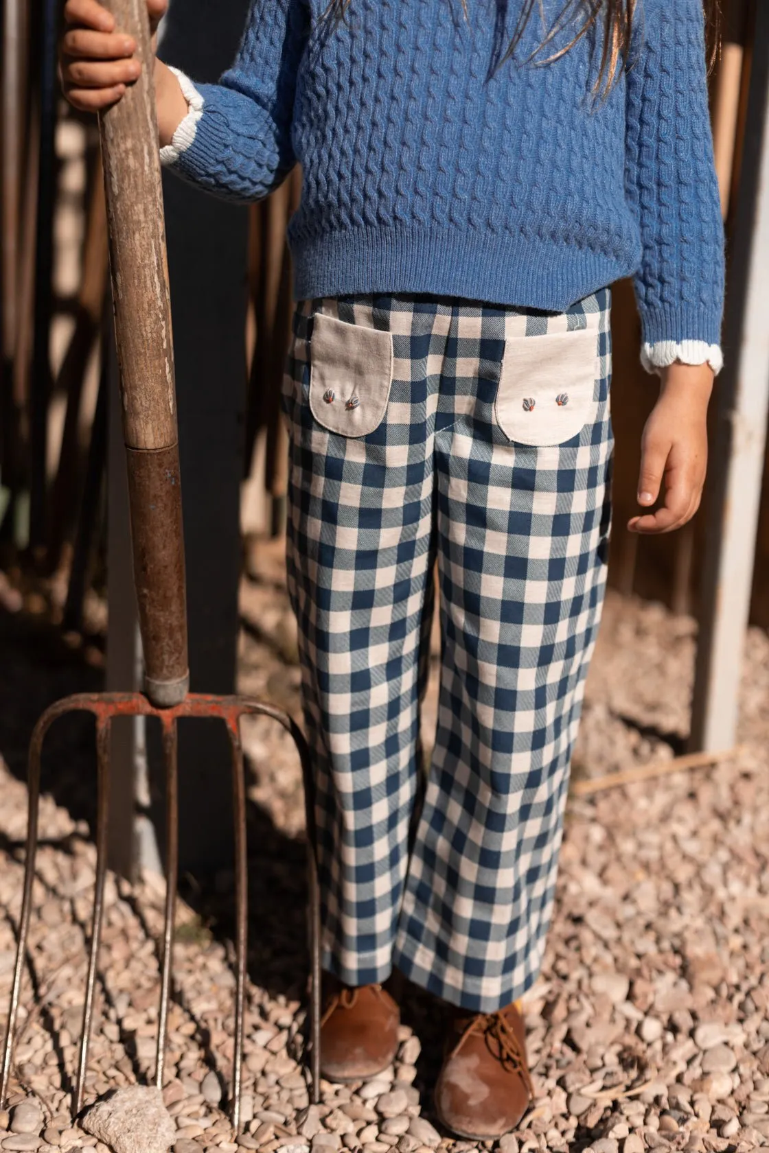 Navy Gingham Flared Trousers by Birinit Petit *LAST PIECE 10 years*