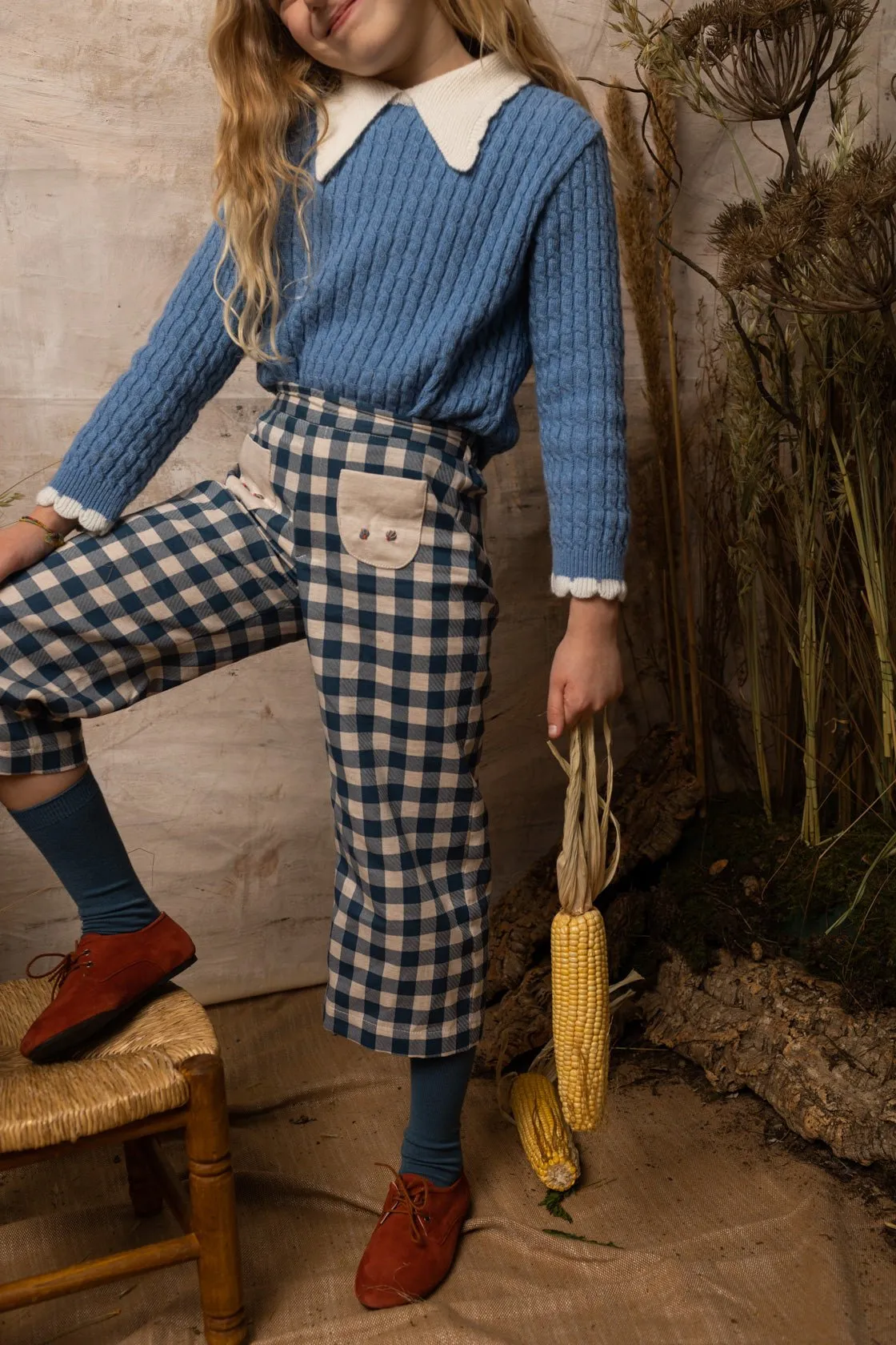 Navy Gingham Flared Trousers by Birinit Petit *LAST PIECE 10 years*