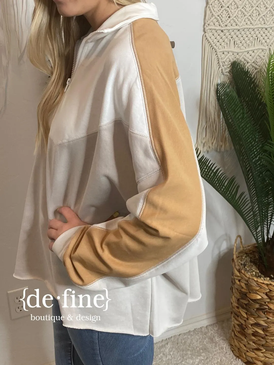 Neutral Color Block Terry Knit Pullover