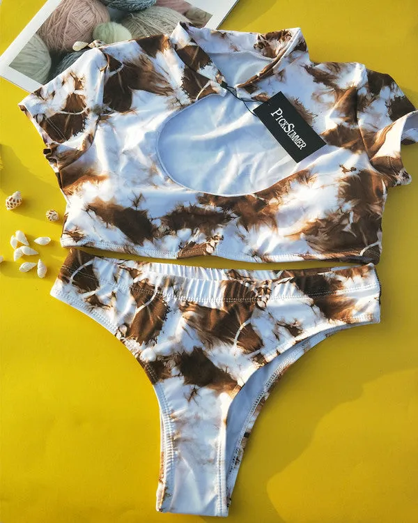 New High Neck Cut Out High Waisted Tie Dyed Bikini Sets