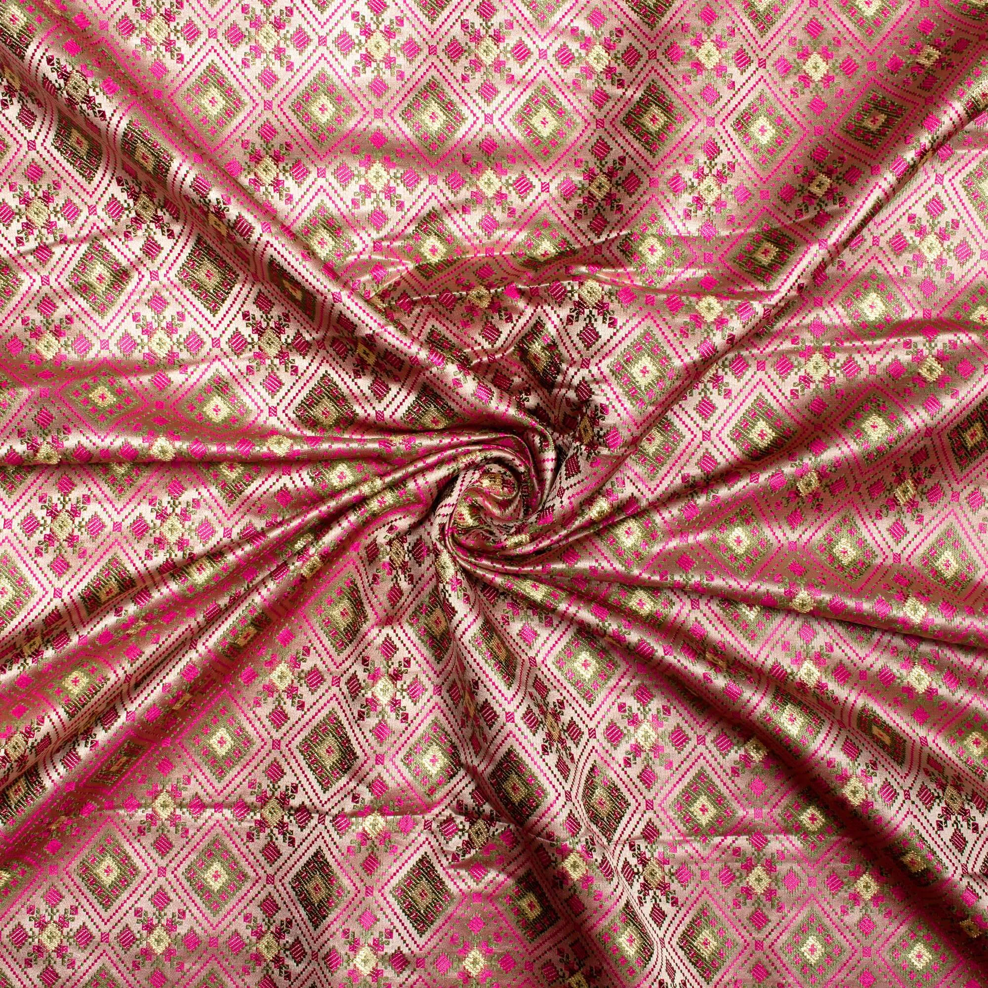 Oat Beige And Magenta Pink Traditional Pattern Banarasi Brocade Katan Silk Fabric
