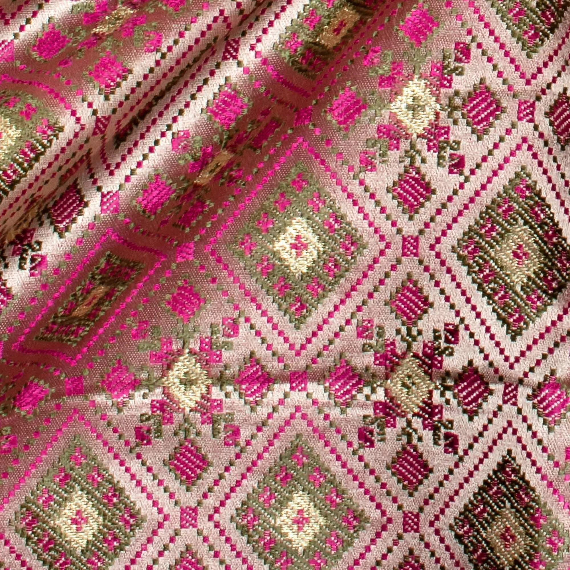 Oat Beige And Magenta Pink Traditional Pattern Banarasi Brocade Katan Silk Fabric