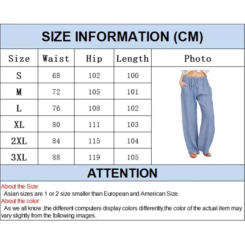 Obsidian Phoenix Women's Luxury Cotton Linen Wide-Leg Pants - Elegant Elastic Waist Casual Trousers with Pockets