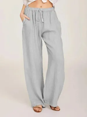 Obsidian Phoenix Women's Luxury Cotton Linen Wide-Leg Pants - Elegant Elastic Waist Casual Trousers with Pockets