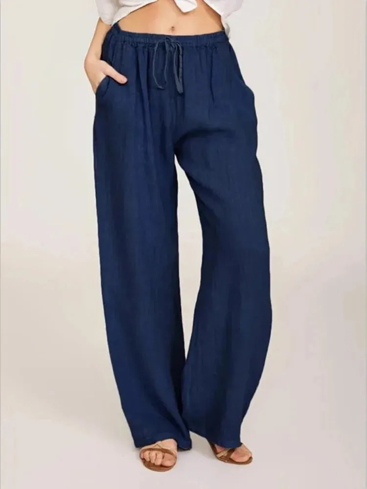 Obsidian Phoenix Women's Luxury Cotton Linen Wide-Leg Pants - Elegant Elastic Waist Casual Trousers with Pockets
