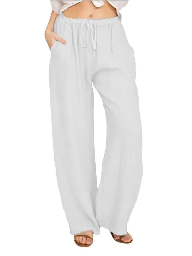 Obsidian Phoenix Women's Luxury Cotton Linen Wide-Leg Pants - Elegant Elastic Waist Casual Trousers with Pockets