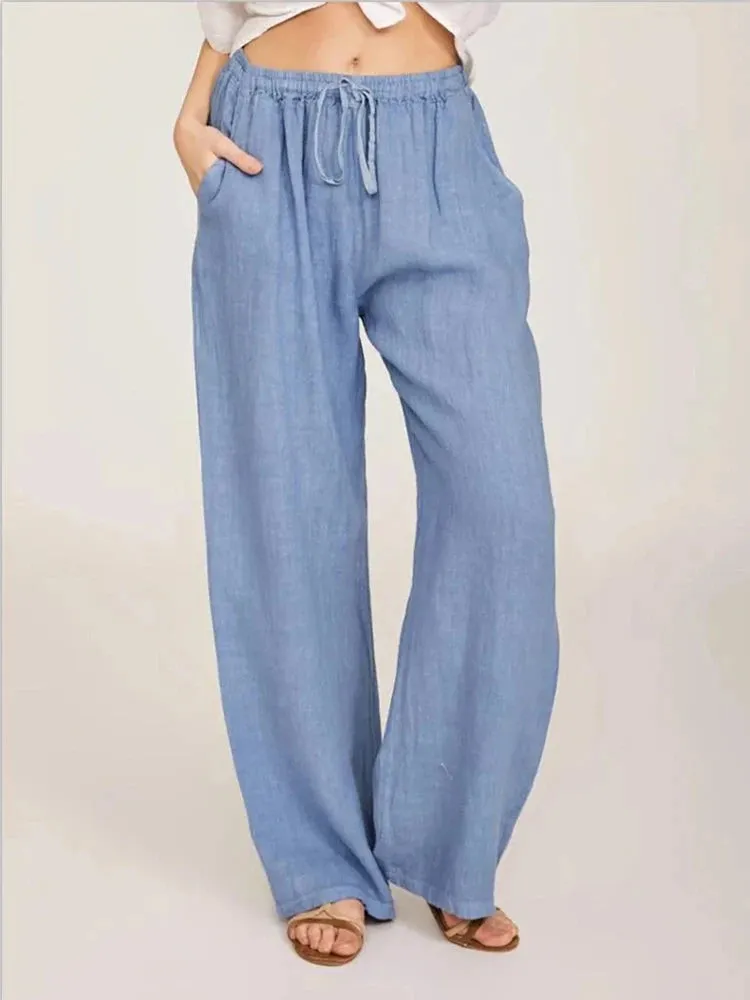 Obsidian Phoenix Women's Luxury Cotton Linen Wide-Leg Pants - Elegant Elastic Waist Casual Trousers with Pockets