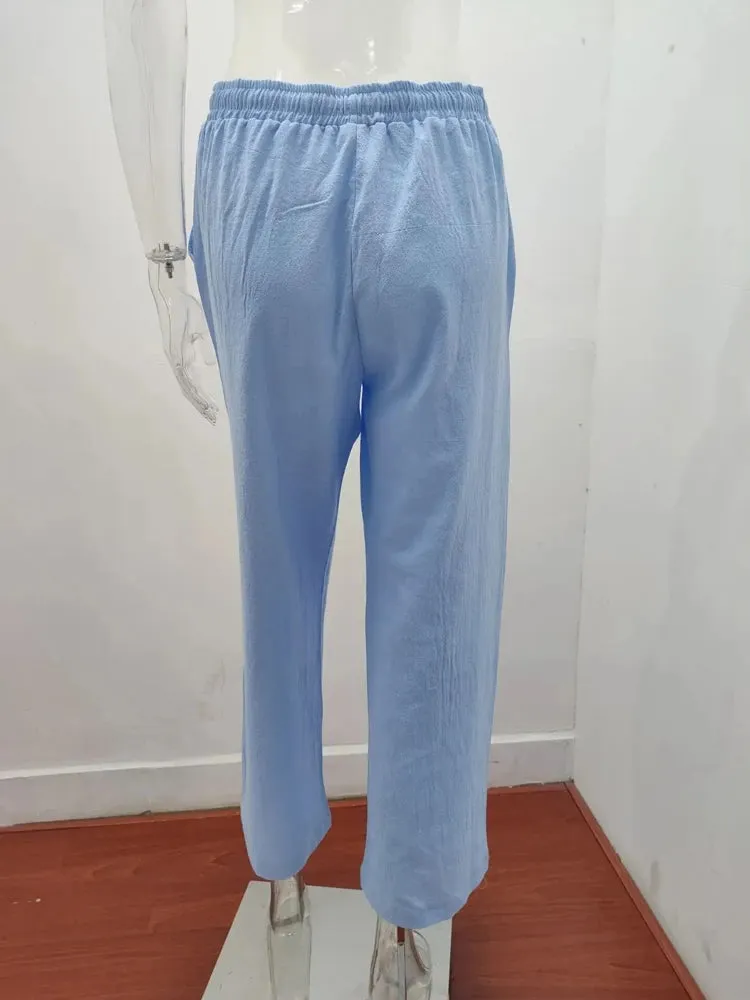 Obsidian Phoenix Women's Luxury Cotton Linen Wide-Leg Pants - Elegant Elastic Waist Casual Trousers with Pockets
