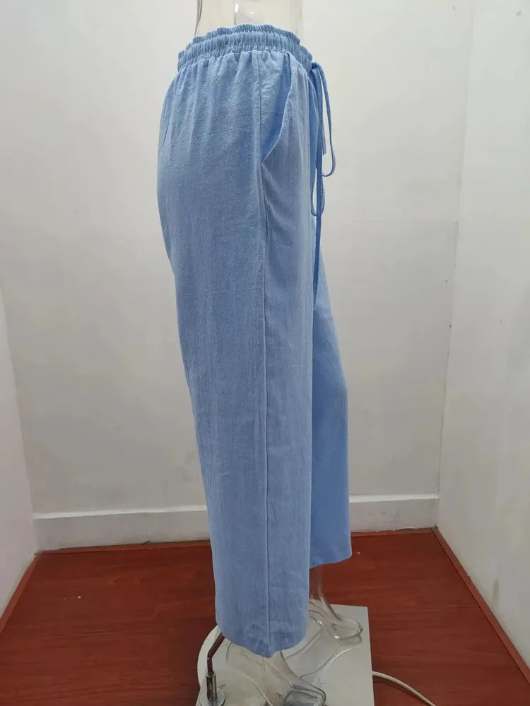 Obsidian Phoenix Women's Luxury Cotton Linen Wide-Leg Pants - Elegant Elastic Waist Casual Trousers with Pockets