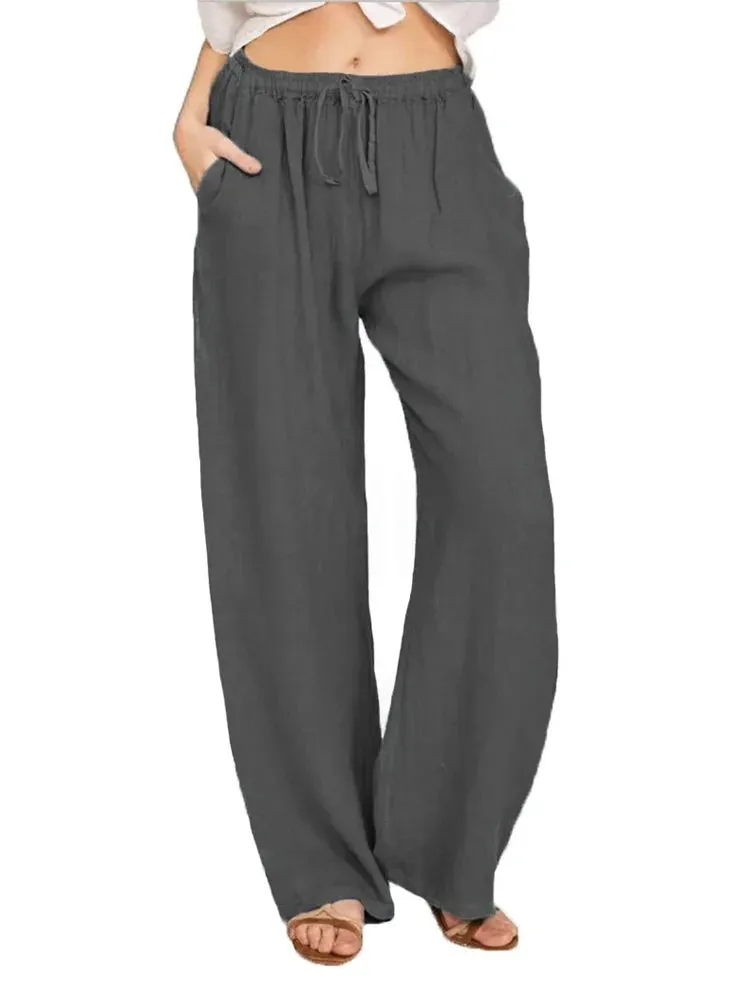 Obsidian Phoenix Women's Luxury Cotton Linen Wide-Leg Pants - Elegant Elastic Waist Casual Trousers with Pockets