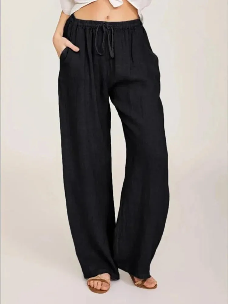 Obsidian Phoenix Women's Luxury Cotton Linen Wide-Leg Pants - Elegant Elastic Waist Casual Trousers with Pockets