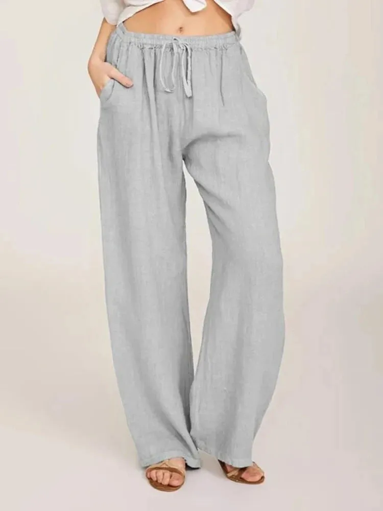 Obsidian Phoenix Women's Luxury Cotton Linen Wide-Leg Pants - Elegant Elastic Waist Casual Trousers with Pockets
