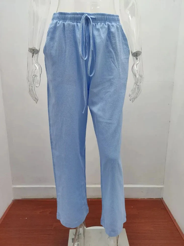 Obsidian Phoenix Women's Luxury Cotton Linen Wide-Leg Pants - Elegant Elastic Waist Casual Trousers with Pockets