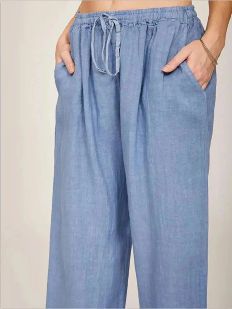 Obsidian Phoenix Women's Luxury Cotton Linen Wide-Leg Pants - Elegant Elastic Waist Casual Trousers with Pockets