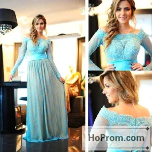 Off Shoulder Blue Long Sleeve Prom Dresses Evening Dress