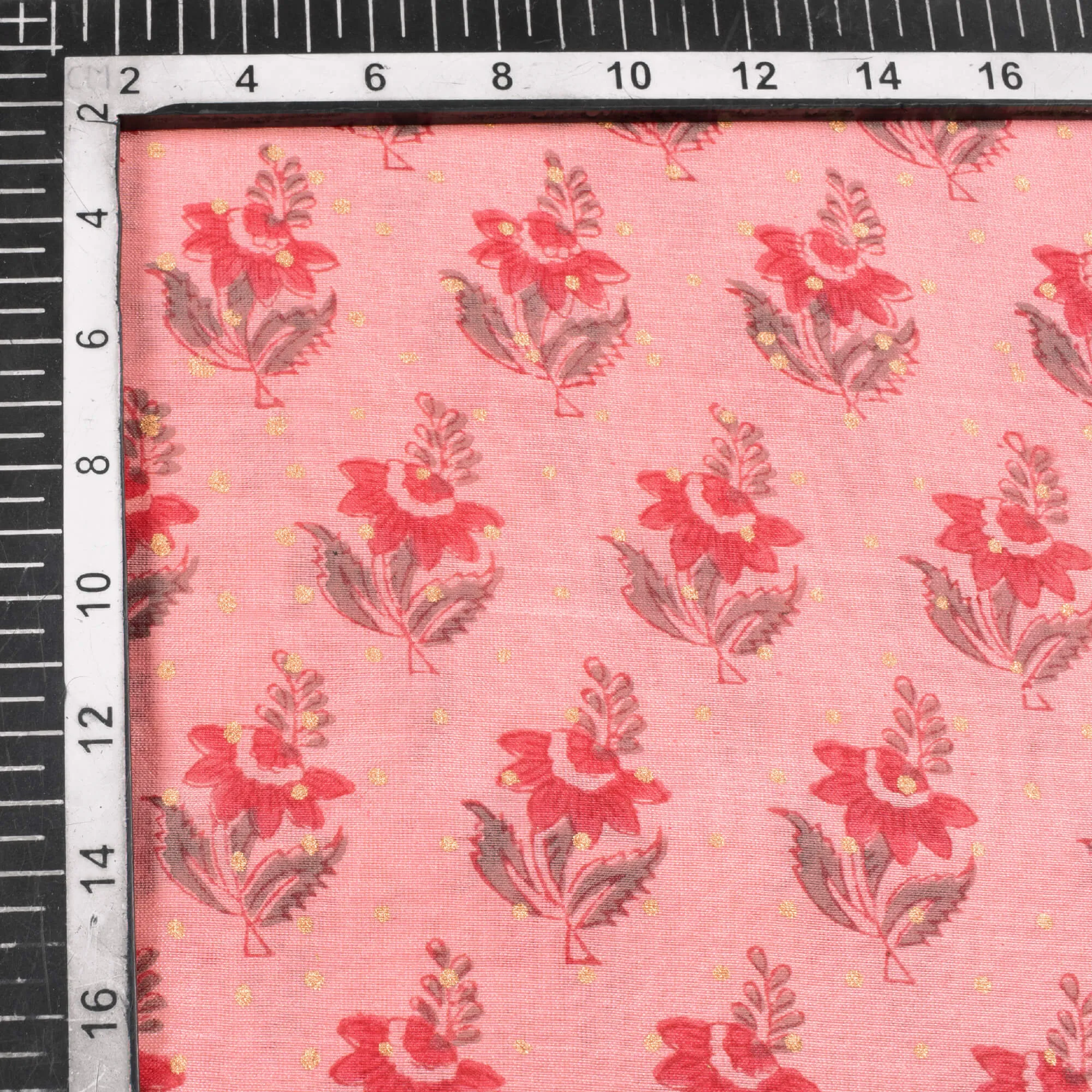 Peach And Grey Booti Pattern Handblock Pure Banarasi Chanderi Fabric