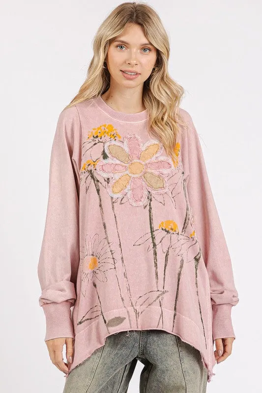 Pink Flower Graphic Print and Patch Oversized Sweatshirt