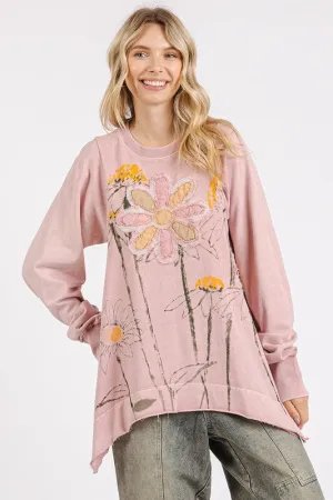 Pink Flower Graphic Print and Patch Oversized Sweatshirt