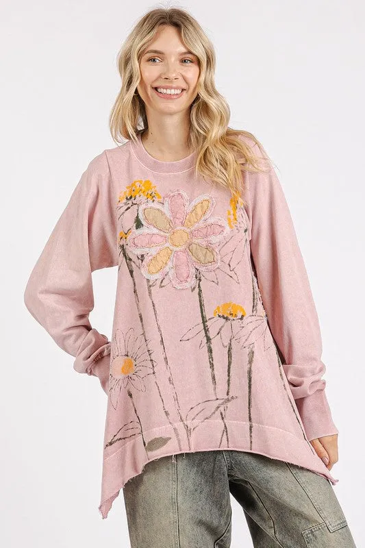 Pink Flower Graphic Print and Patch Oversized Sweatshirt