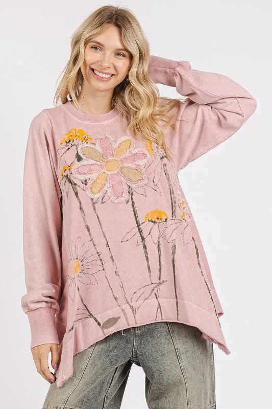 Pink Flower Graphic Print and Patch Oversized Sweatshirt