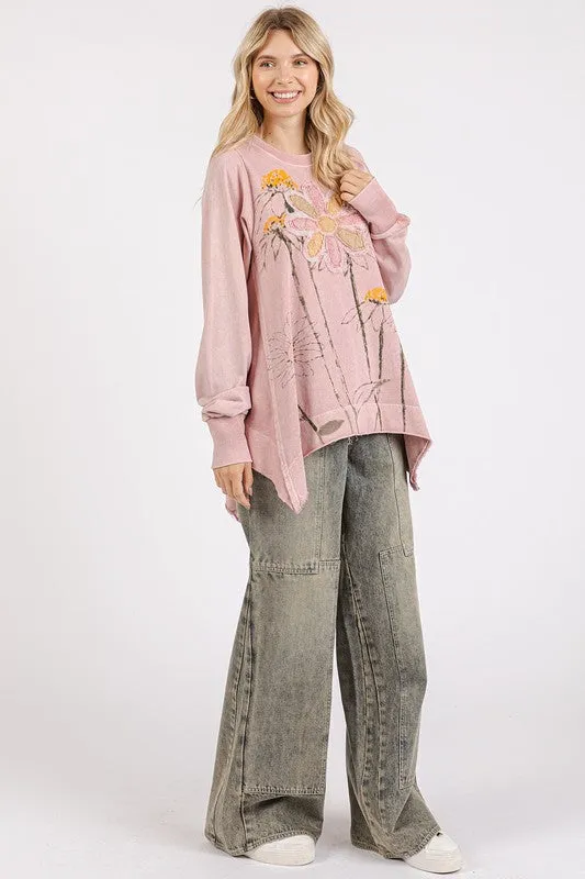 Pink Flower Graphic Print and Patch Oversized Sweatshirt