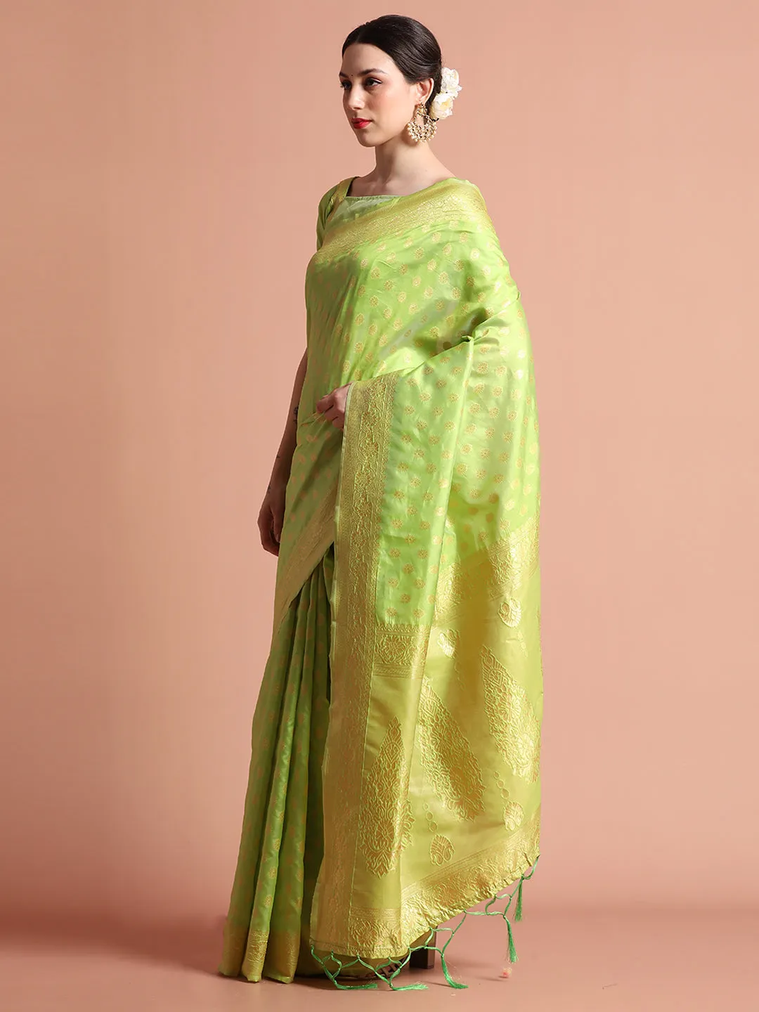 Pista Green Heavy Banarasi Zari Woven Silk Blend Saree