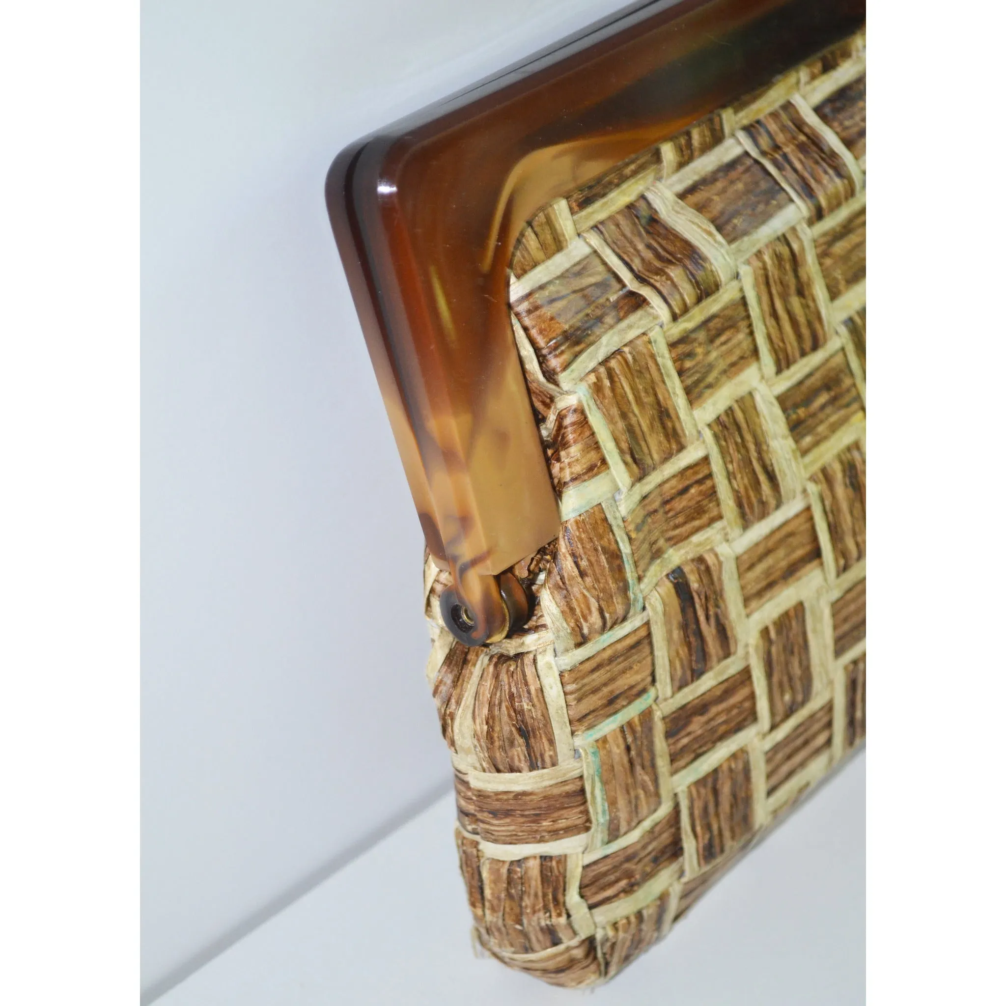 Plastic Framed Woven Straw Clutch Purse