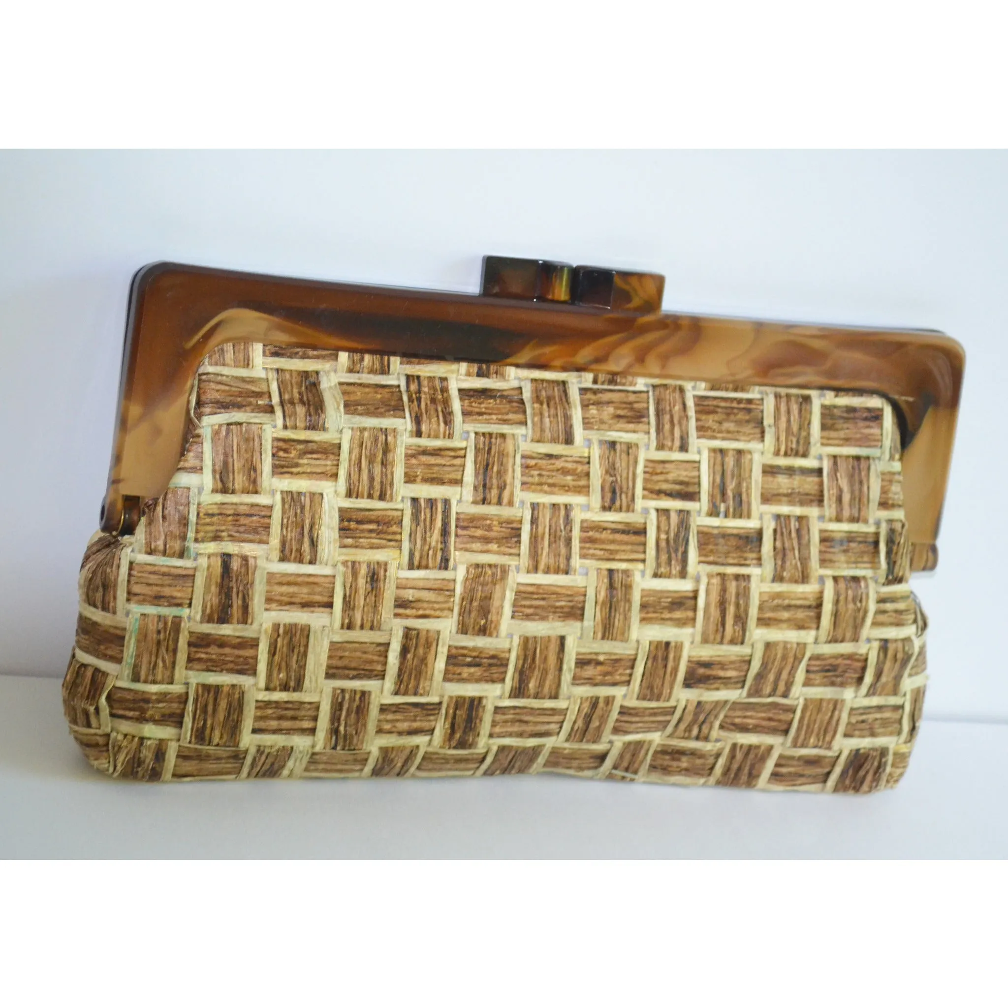 Plastic Framed Woven Straw Clutch Purse
