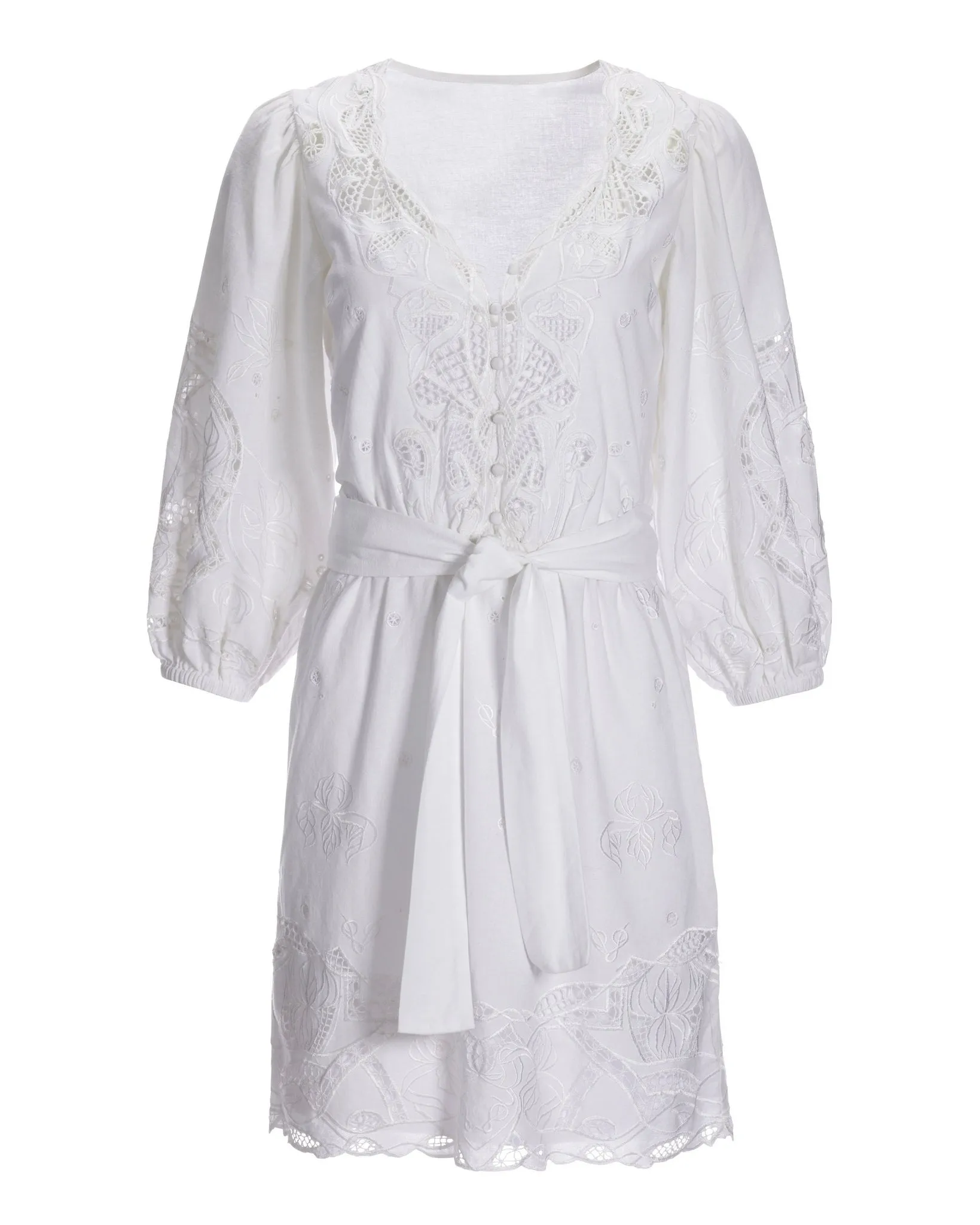 Puff-Sleeve Eyelet Fit-And-Flare Dress White