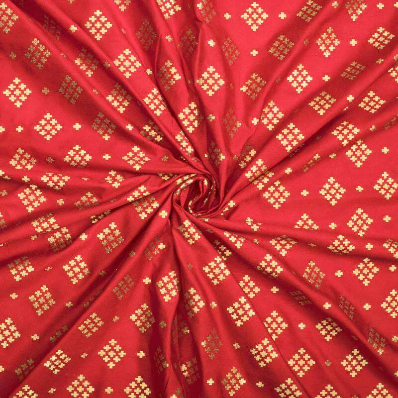 Red Geometric Pattern Zari Jacquard Banarasi Silk Fabric