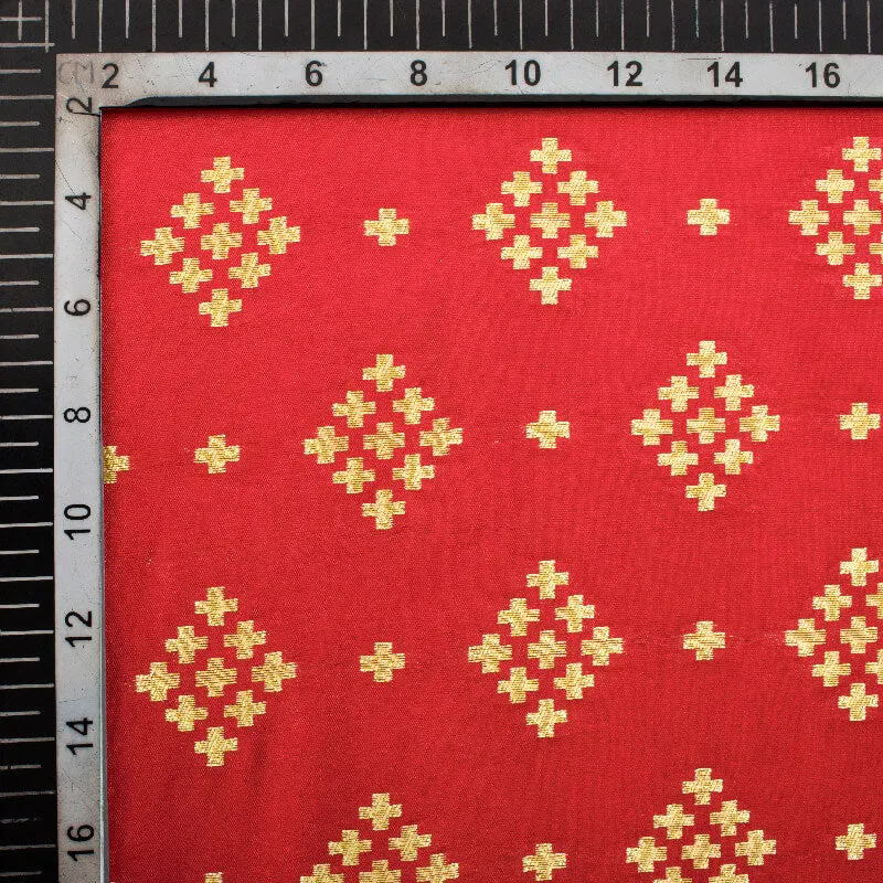 Red Geometric Pattern Zari Jacquard Banarasi Silk Fabric