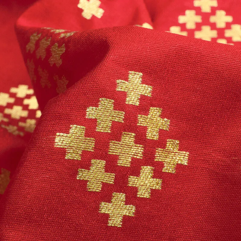 Red Geometric Pattern Zari Jacquard Banarasi Silk Fabric