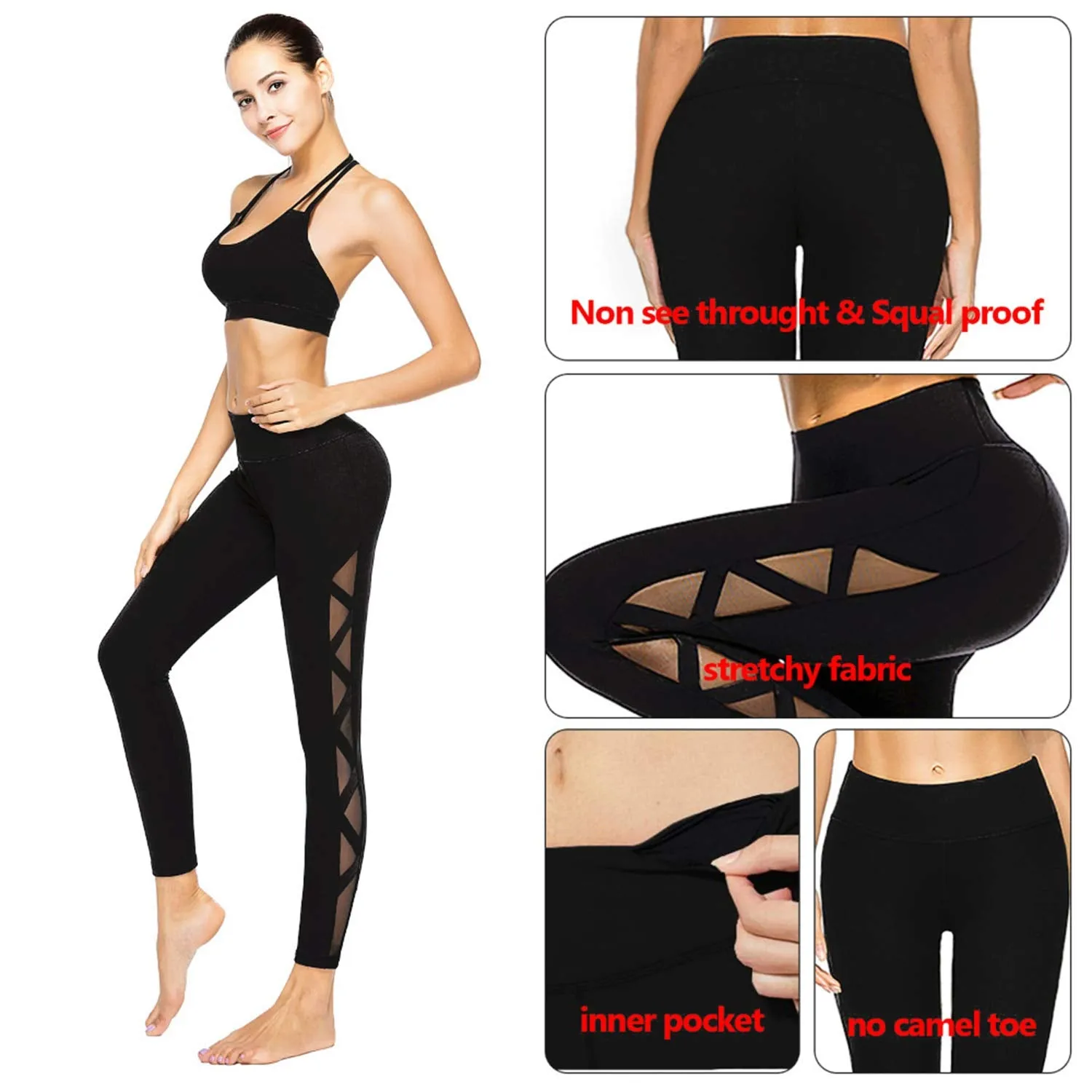 romansong High Waisted Yoga Leggings for Women with Pockets Mesh Gym Pants Ripped Workout Legging Butt Lifting Active Wear Athletic Pants Black