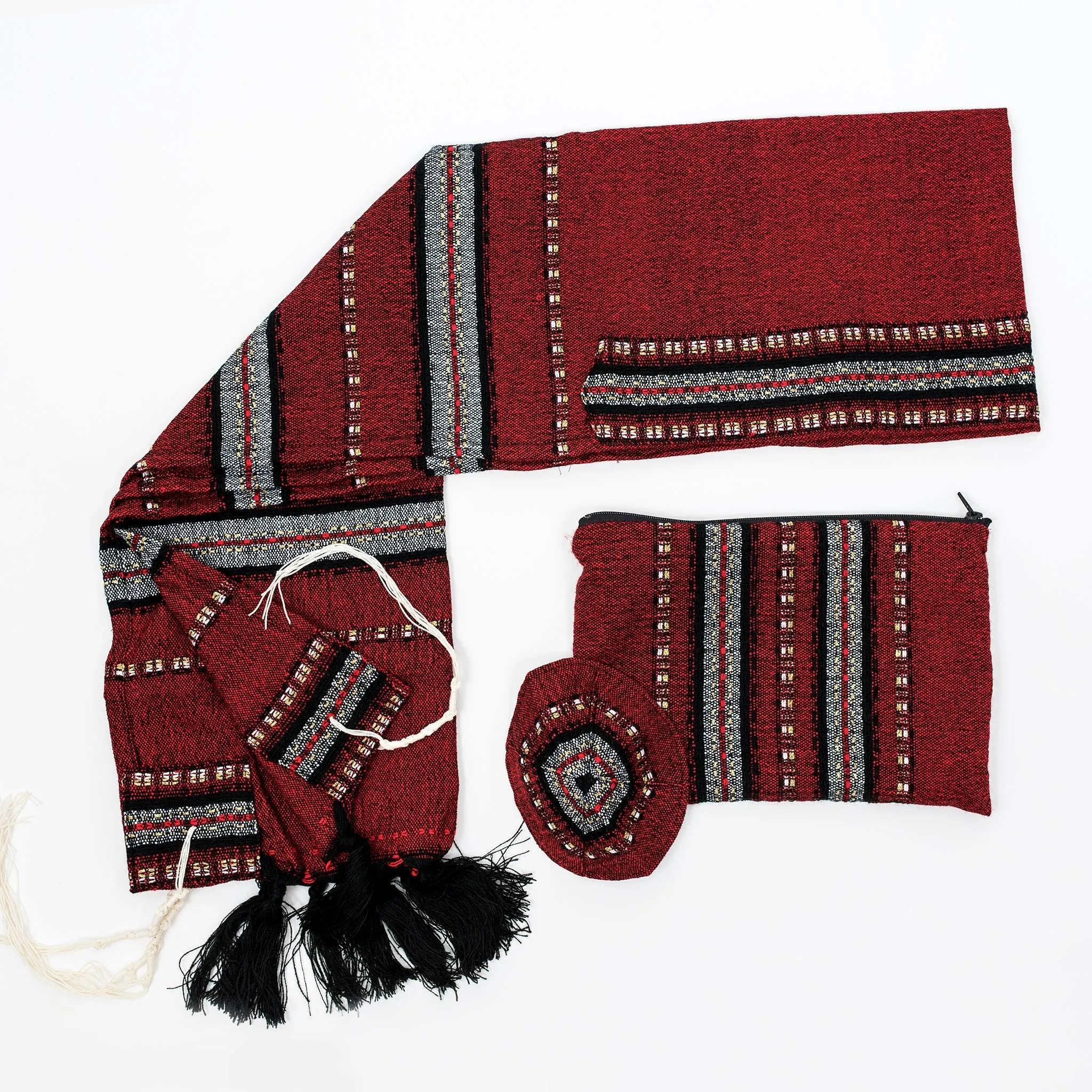 Ruth - Wool Tallit - Black and Gray with gold on Red