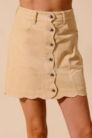 Scallop Buttoned Front Corduroy Trendy Mini Skirt For Women – Retro-Inspired Cotton Comfortable Fashionable Chic Corduroy Mini with Scallop Detail and Buttons for Any Occasion