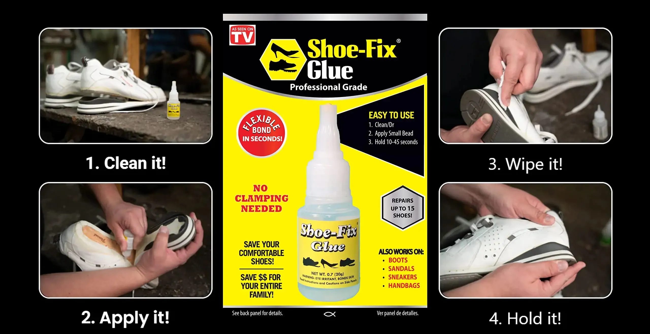 Shoe-Fix Glue – Professional Grade Shoe Repair Adhesive for All Footwear – Instant Bond, Clear Drying, Flexible, & Durable – for Shoes, Heels, Sandals, Boots, Athletic Shoes, & More (20g Tube) 1 Pack