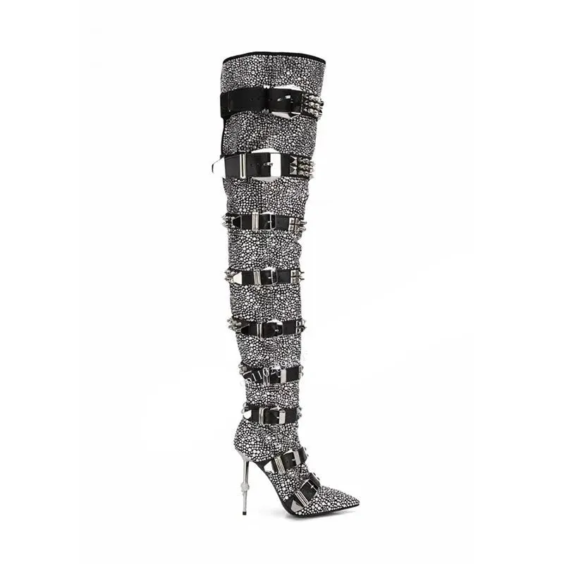 Silver Button Crystal Decor Pointed Toe Boots Thin High Heel Woman Shoes