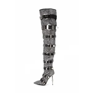 Silver Button Crystal Decor Pointed Toe Boots Thin High Heel Woman Shoes