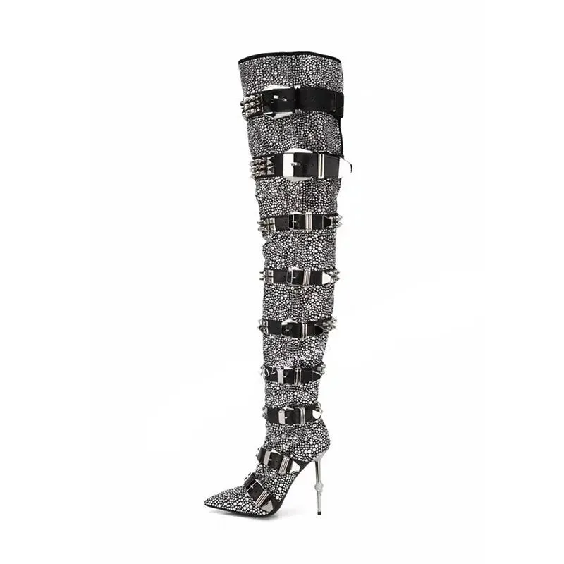 Silver Button Crystal Decor Pointed Toe Boots Thin High Heel Woman Shoes
