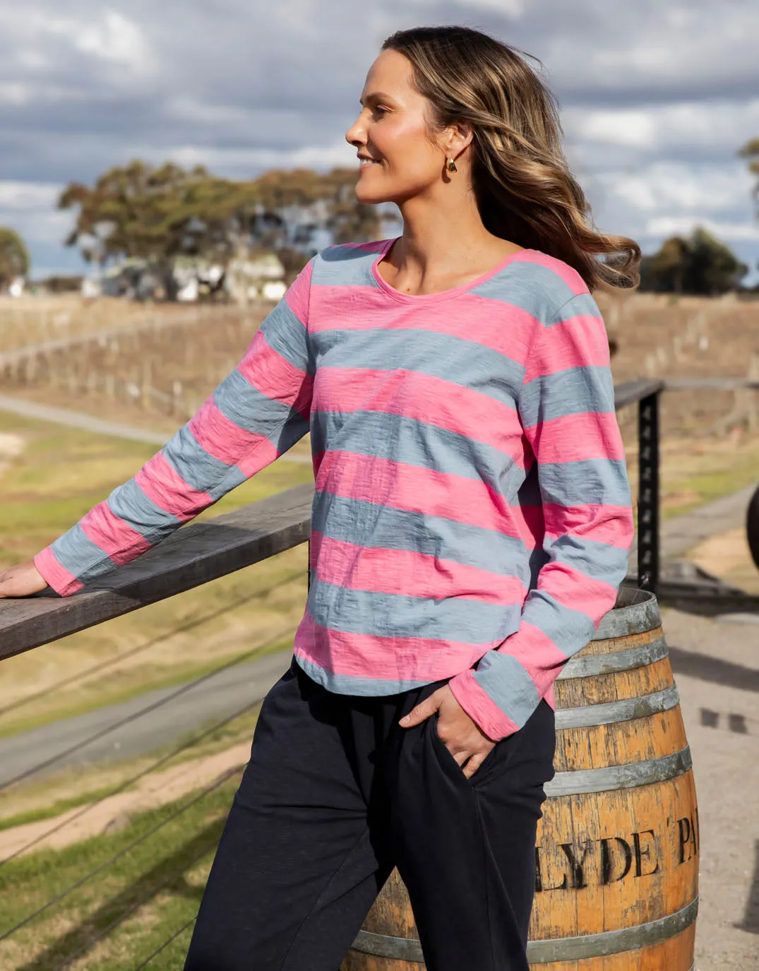 Spritz Stripe Long Sleeve Tee - Geranium Pink / Steel Blue Stripe