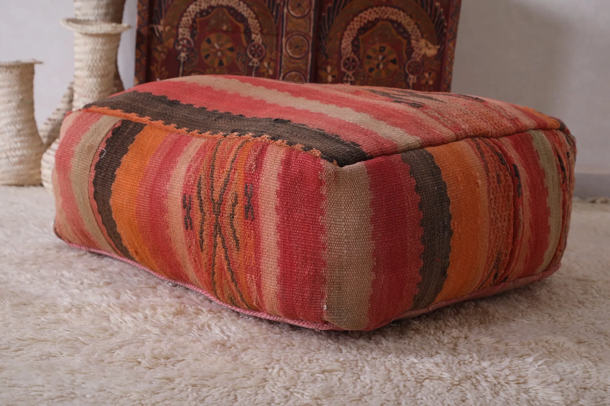 Stunning Kilim woven rug pouf ottoman