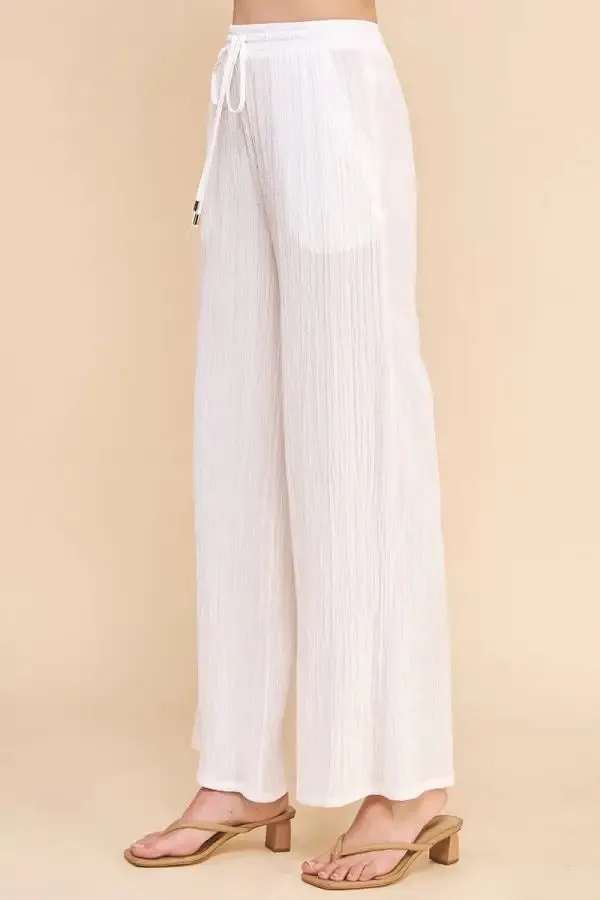 TEXTURED WOVEN ADJUSTABLE TIE WAIST PANTS